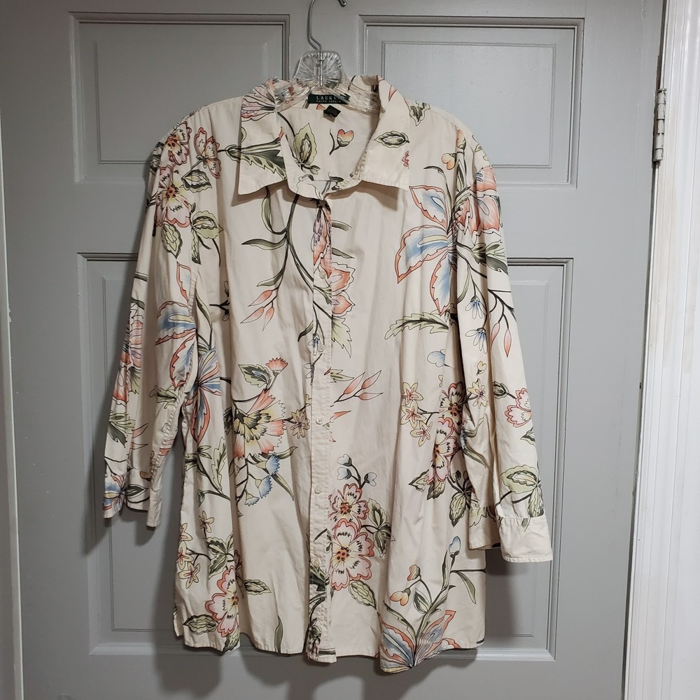 Ralph Lauren Women Blouse 3X Floral Cotton Button Down Shirt‎ Cream 3/4 Sleeve